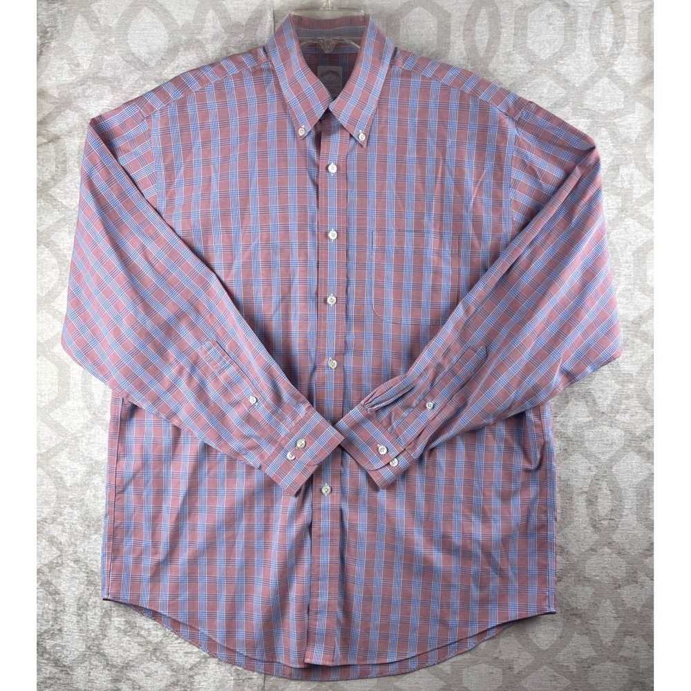 Brooks Brothers 346 Men Large Red Blue Plaid Non-Iron Cotton Button Down Shirt